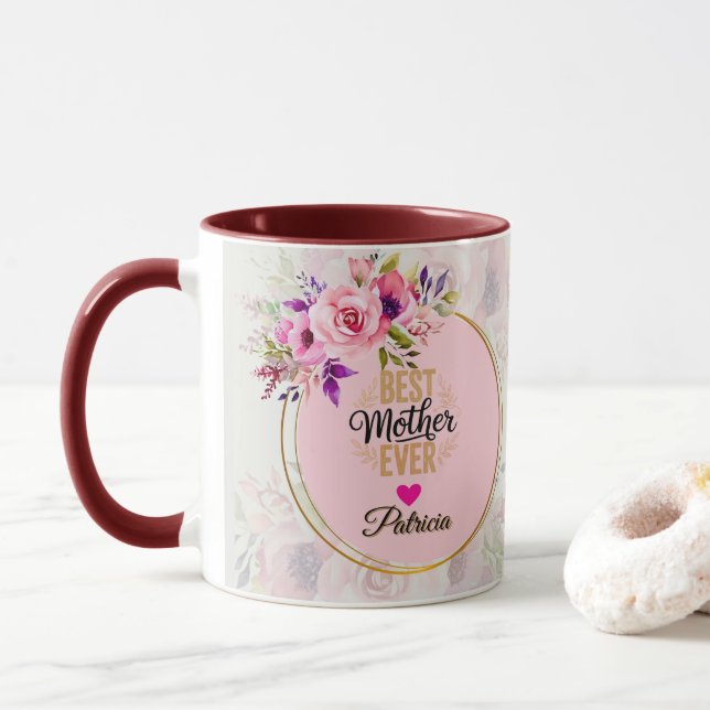 Caneca Best Mother Ever - Pink Floral Custom Name (Com Donut)
