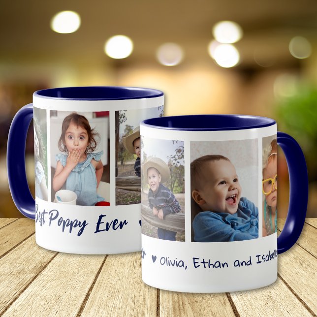 Caneca Best Poppy Ever Grandchildren 5 Photo Collage Blue (Criador carregado)