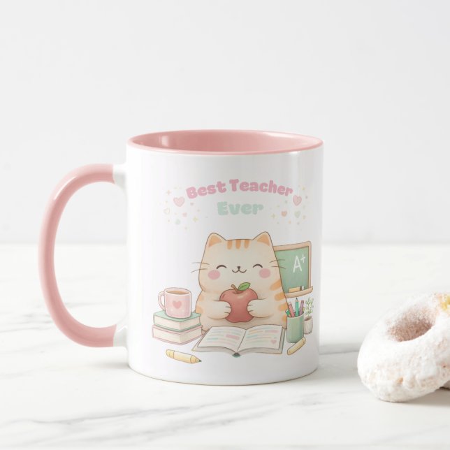 Caneca Best Teacher Ever Cute Kawaii Kitty Cat Sweet Pink (Com Donut)