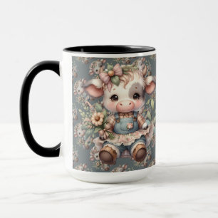 Caneca Bezerro Kawaii Farmcore em Vestido Floral Vintage