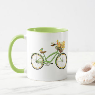 Caneca Bicicleta Com Cesto de Pássaro e Flor Verde Amarel
