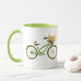 Caneca Bicicleta Com Cesto de Pássaro e Flor Verde Amarel