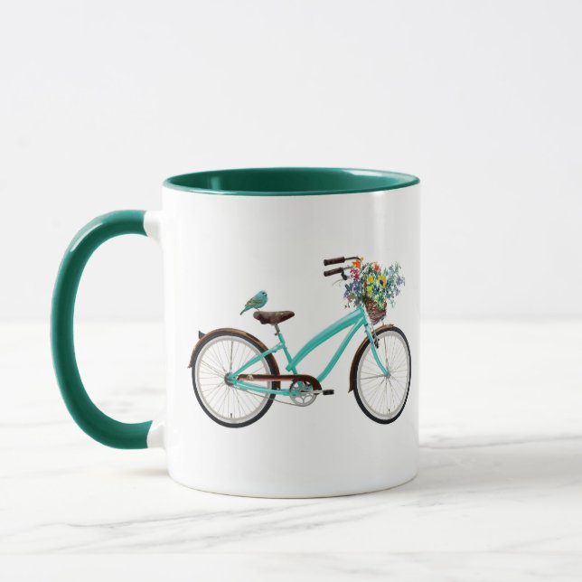 Caneca Bicycle With Bird and Flower Basket Turquoise Blue (Esquerda)