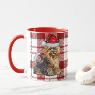 Caneca Biewer Terrier Dog e uma Xadrez de Férias Vermelha