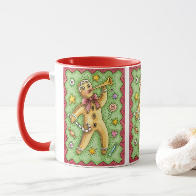 Caneca Biscoito de Natal Gengibre Cute Tocando Corneta, D (Com Donut)