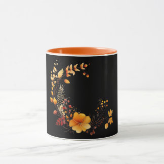 Caneca Black-black, bright orange floral design,