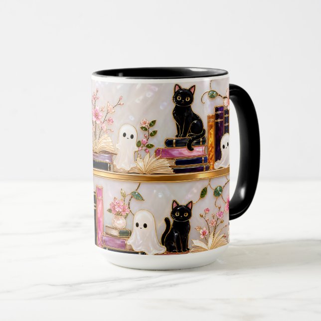 Caneca Black Cat Ghost Books Presente de Halloween (Frente Esquerda)