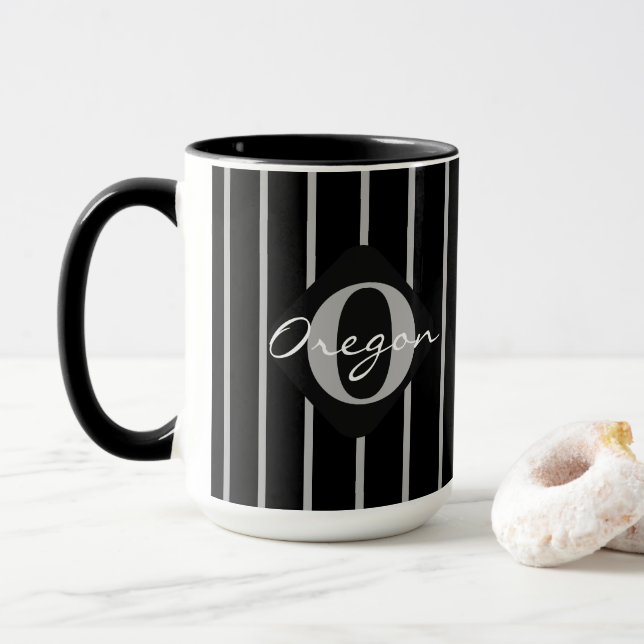 Caneca Black & Cinza Stripes Coffee Mug, Oregon (Com Donut)
