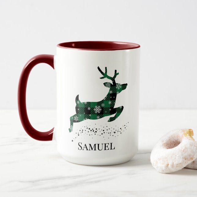 Caneca Black & Green Tartan Deer Christmas Mug (Com Donut)