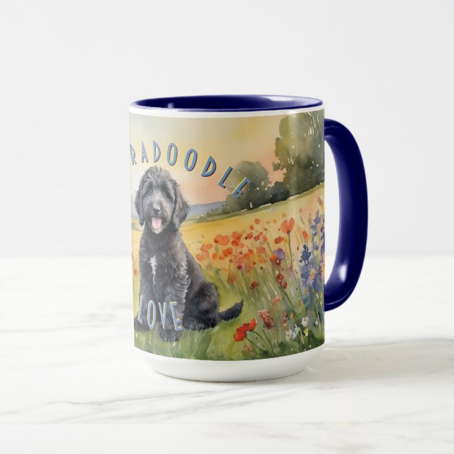 Caneca Black Labradoodle Puppy, Sunrise Personalizável (Frente Esquerda)