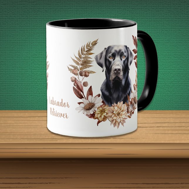 Caneca Black Labrador Retriever Dog Autumn Wreath (Criador carregado)