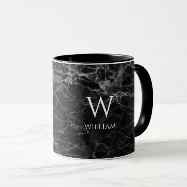 Caneca Black Marble Monographic Name Modern White Inicial (Frente Esquerda)