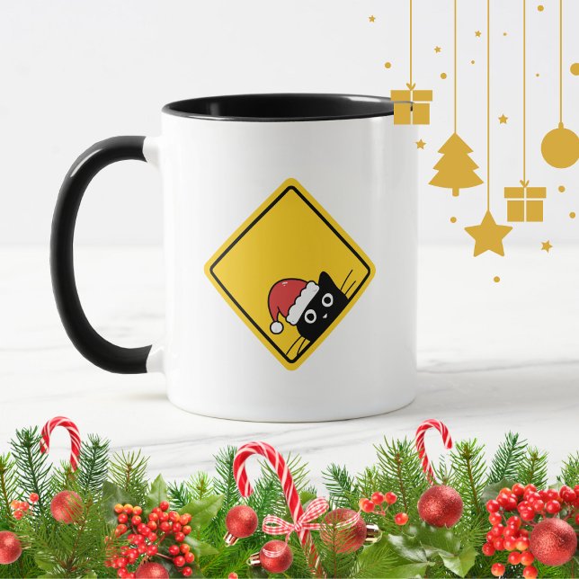Caneca Black Sneaky Santa Cat U.S. Warning Sign (Criador carregado)