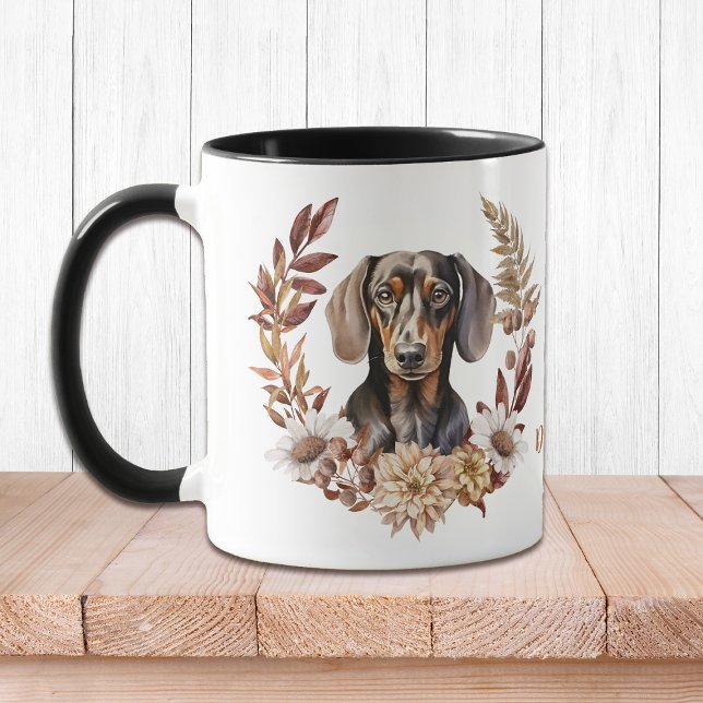 Caneca Black Tan Dachshund Dog Autumn Wreath (Criador carregado)