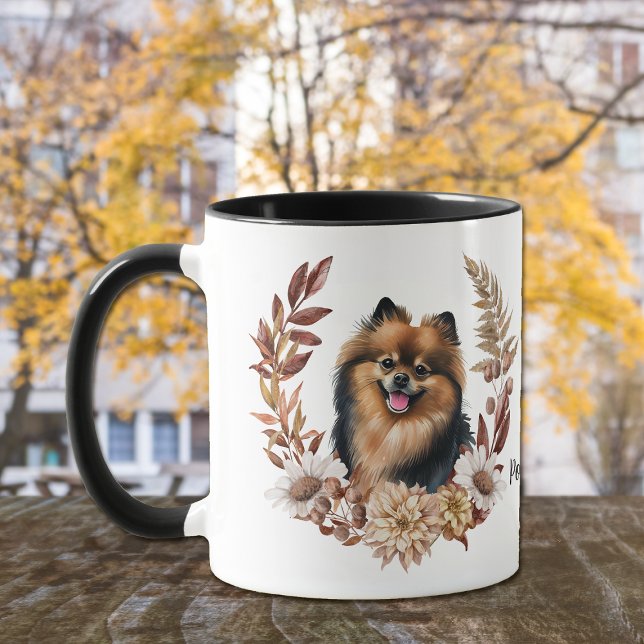 Caneca Black Tan Pomeranian Dog Autumn Wreath (Criador carregado)