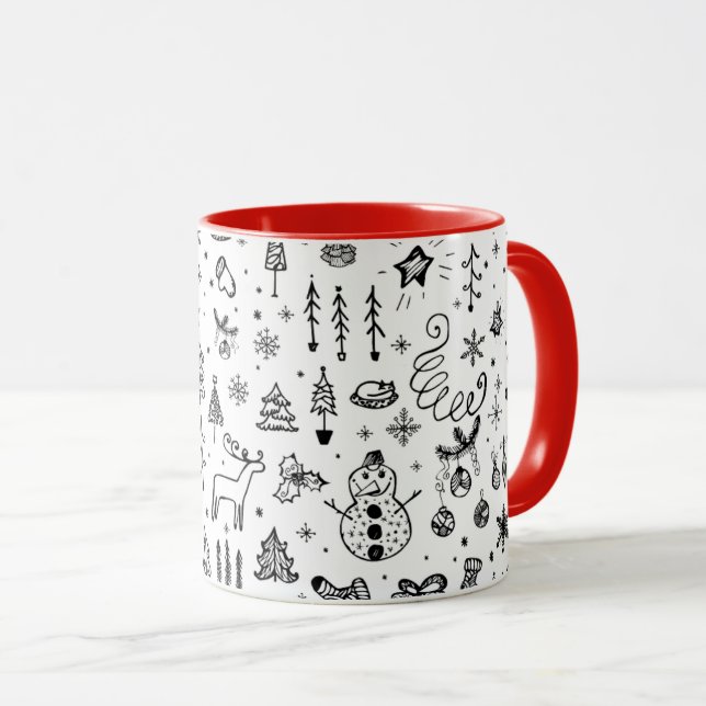 Caneca Black & White Christmas Icons Pattern – Cute  (Frente Esquerda)