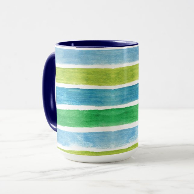 Caneca Blue and Green Sea Stripes Watercolor (Frente Esquerda)