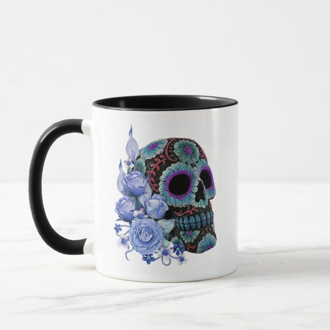 Caneca Blue Floral Black Sugar Skull Day Of The Dead (Esquerda)