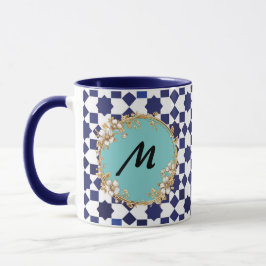 Caneca Blue Geometric Pattern Mug with Gold Floral Circle