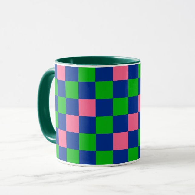 Caneca Blue Green Pink Checkered Pattern Design  (Frente Esquerda)