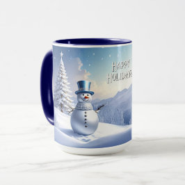 Caneca Blue Hat Snowman Christmas Tree Holiday Mug