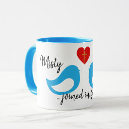 Caneca Blue Love Birds Heart with Cross and Names Wedding