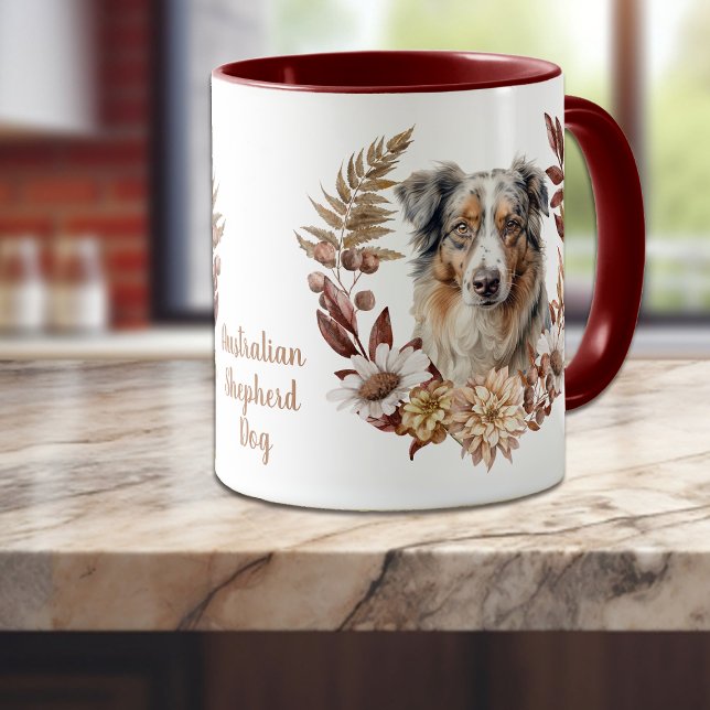 Caneca Blue Merle australiano Shepherd Dog Autumn Wreath (Criador carregado)