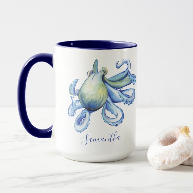 Caneca Blue Octopus Personalizado Theme Praia Coffee Mug (Com Donut)