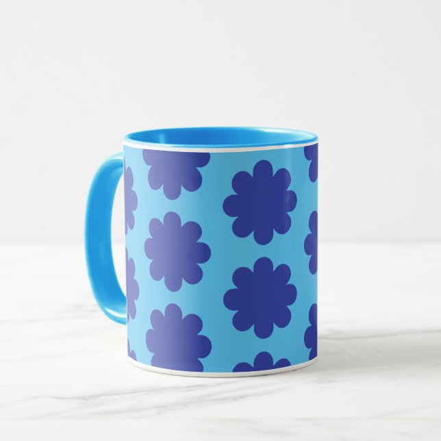 Caneca Blue on Aqua Retro Flower Art Mug Cup (Frente Esquerda)