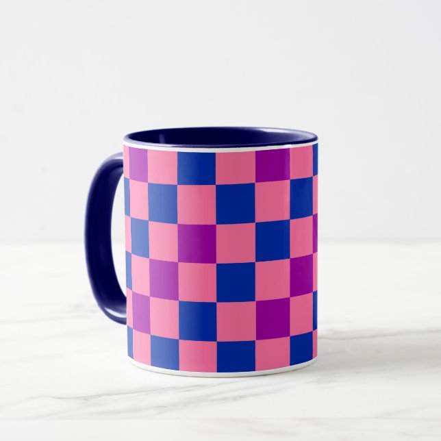 Caneca Blue Pink Purple Checkered Pattern Design  (Frente Esquerda)