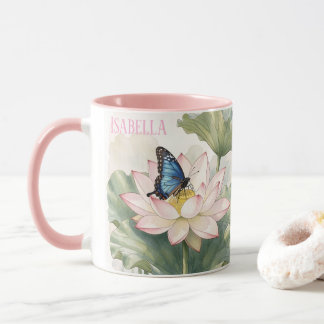 Caneca Blue Swallowtail Butterfly With Lotus Flower Name