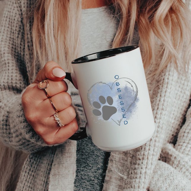 Caneca Blue Watercolor Splash Dog Obscessed Paw Heart Mug ("Obsessed" oversized two-toned mug is perfect for snuggling in front of the fire. 
Personalize it!!)