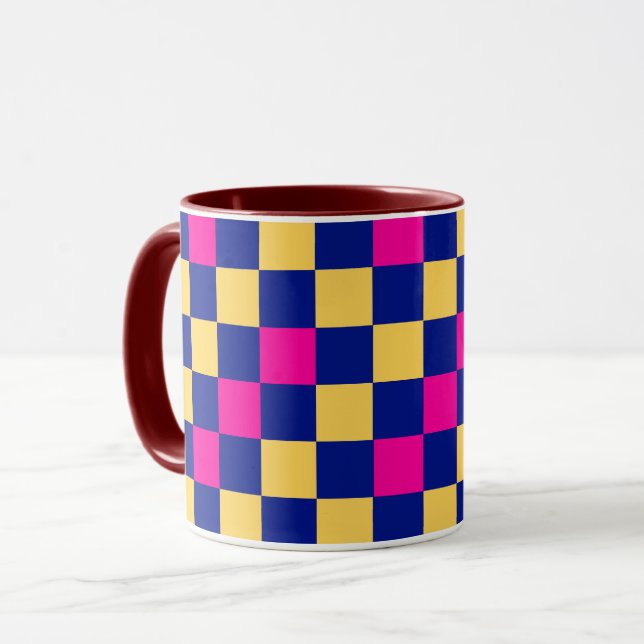 Caneca Blue Yellow Pink Checkered Pattern Design  (Frente Esquerda)