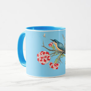Caneca Bluebird em cravos, ilustração de safra,