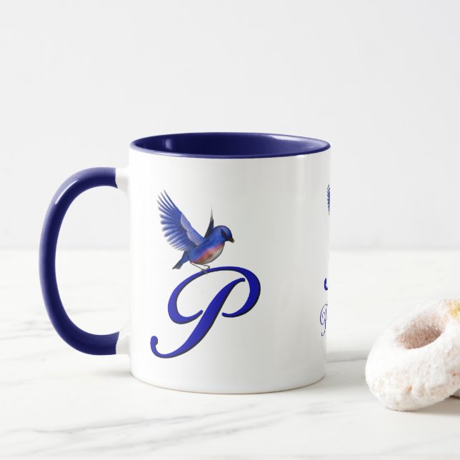 Caneca Bluebird Monogram Initial P Elegant Personalized (Com Donut)