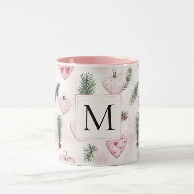 Caneca Blush Pink Hearts Christmas Monogram (Centro)