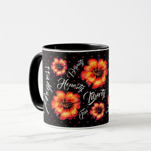 Caneca Boas Condições de Vida Flores e Pontos Escarlate a (Frente Esquerda)