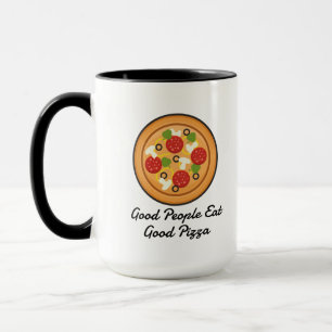 Caneca boas pessoas engraçadas comem boa pizza dizendo as