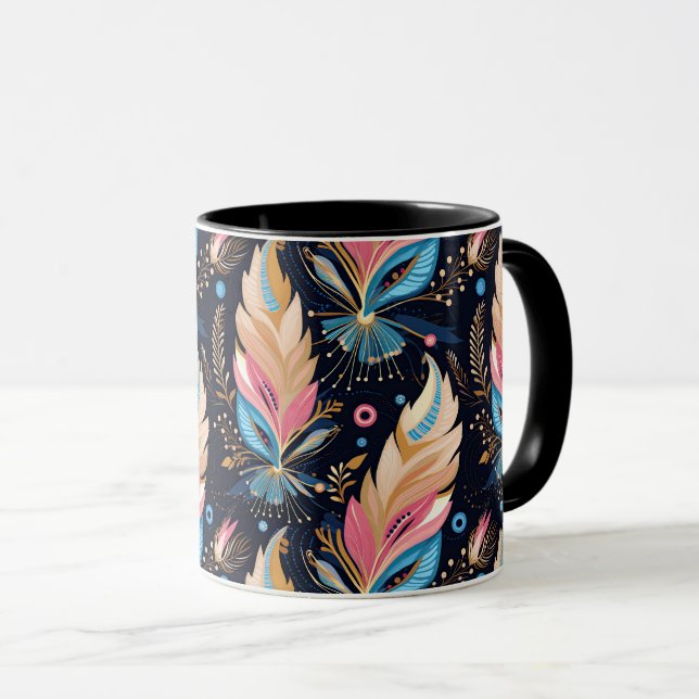 Caneca Bohemian Hippie Chic Abstract Colorful Feather Art (Frente Esquerda)