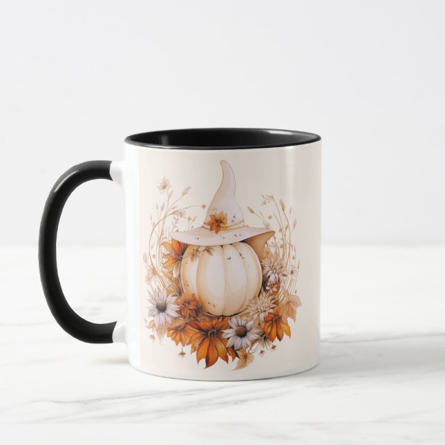 Caneca Boho Abóbora Branca e Flores Creme Halloween (Esquerda)