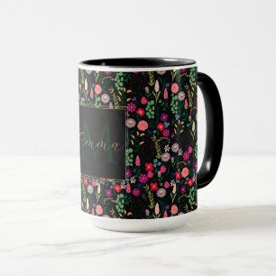 Caneca Boho Botânico Flores de Aquarela Pretas