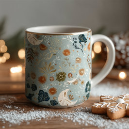 Caneca Boho chic luas e elementos botânicos em tons de az