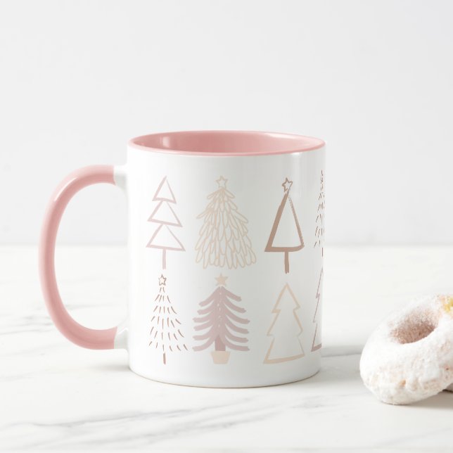 Caneca Boho Christmas Trees Dusty Pink Fotografia Feriada (Com Donut)