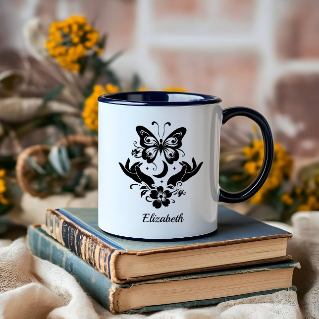 Caneca Boho Minimalista Negro e White Lady Boss (custom boho black and white mug)