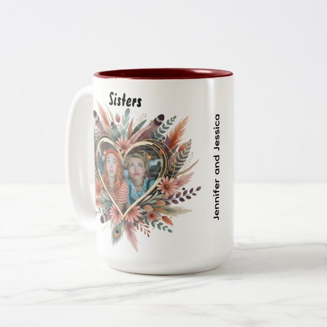Caneca Boho Sister Mug with Floral Heart & Names (Frente Esquerda)
