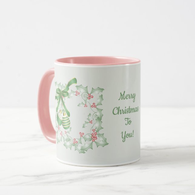 Caneca Bois do Natal Rosa Verde Holly (Frente Esquerda)