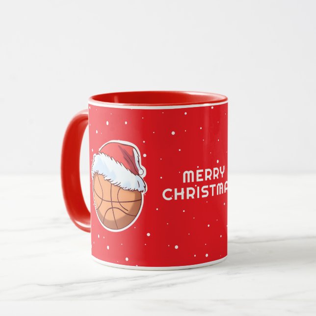 Caneca Bola de basquete Red Santa Hat Feliz Natal (Frente Esquerda)