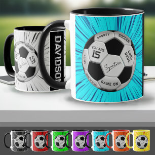 Caneca Bola de Futebol Azul Personalizada Idade Nome Aniv