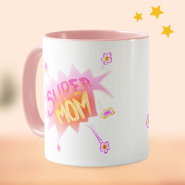 Caneca Bolha de quadrinhos de flores da super mãe cor-de- (Criador carregado)