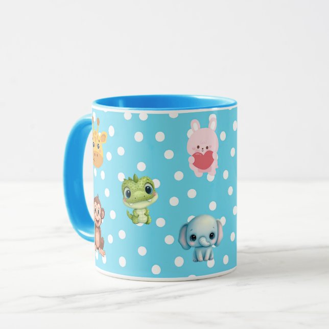 Caneca Bolinhas azul com caracteres Kawaii (Frente Esquerda)